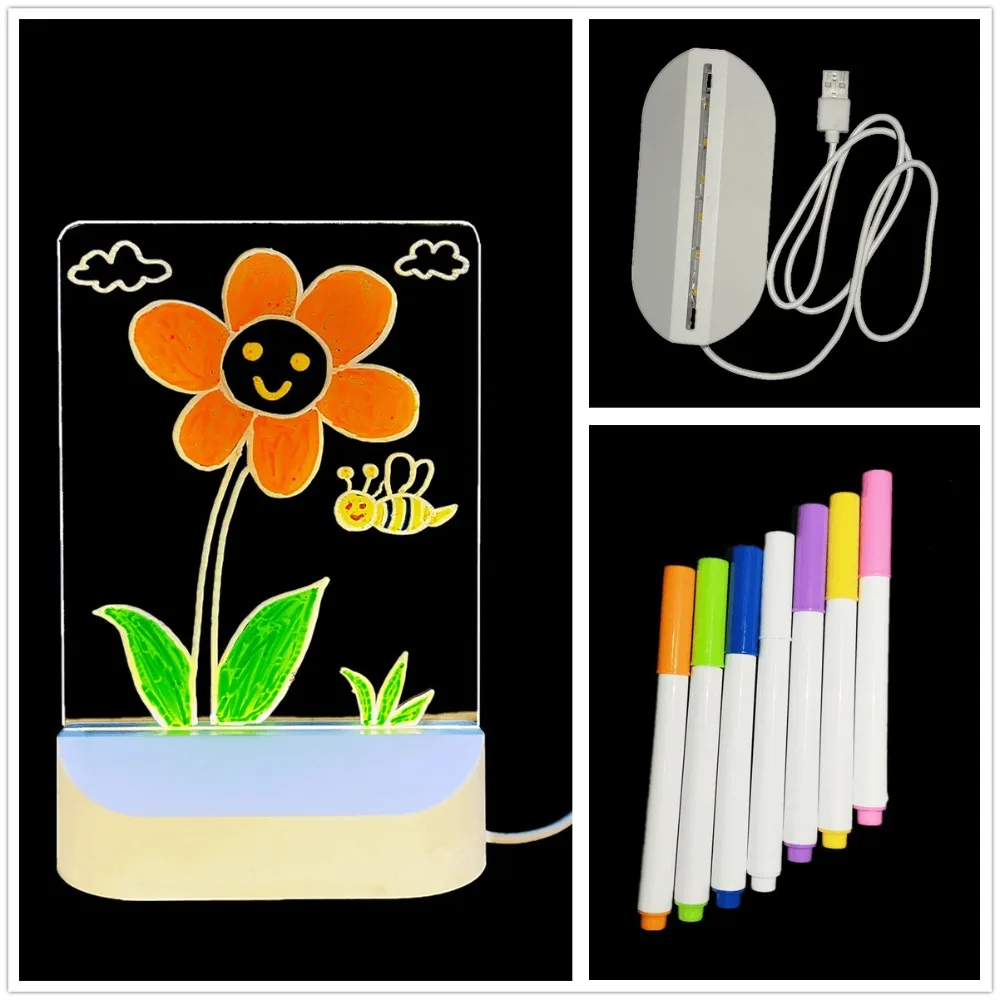 New LED Luminous Drawing Board Acrylic Glowing Children Drawing Craft Marker Board DIY Coloring Night Light