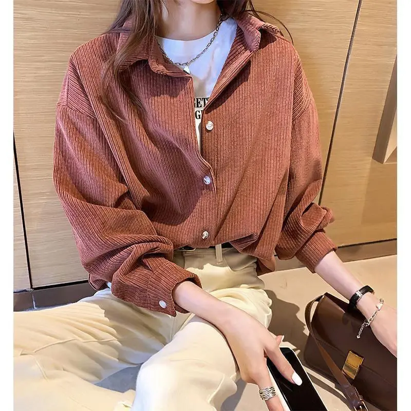 Autumn Winter Thin Corduroy Solid Loose Straight Button Turn-down Collar Casual Blouses Drop Sleeves Women\'s Clothing Dignified