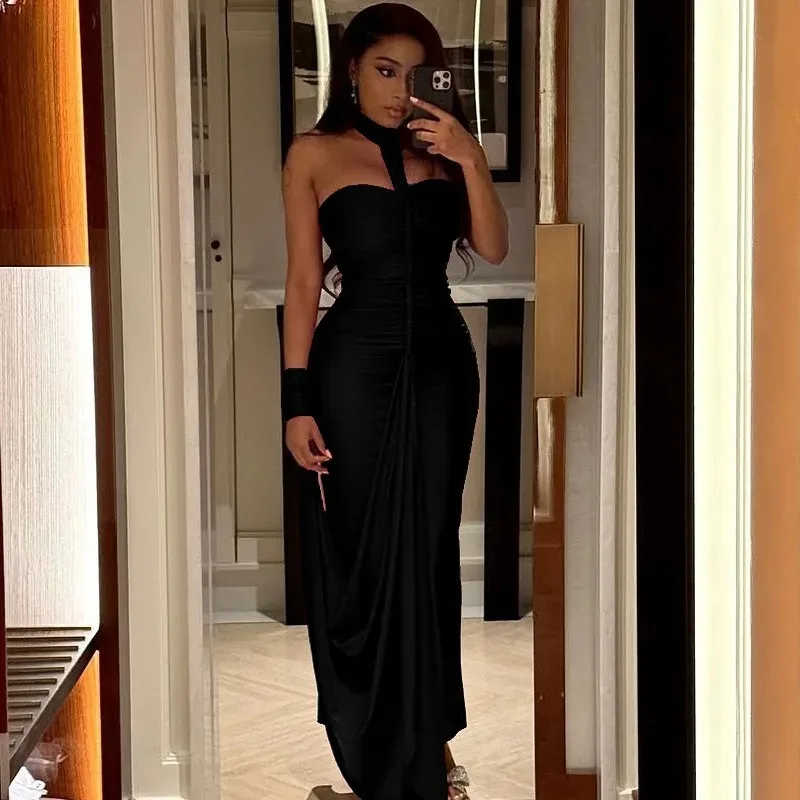 Women's Lace-Up Halter Slash Neck Strapless Sleeveless Irregular Long Dress, Backless, Pleated, Hips Wrapped