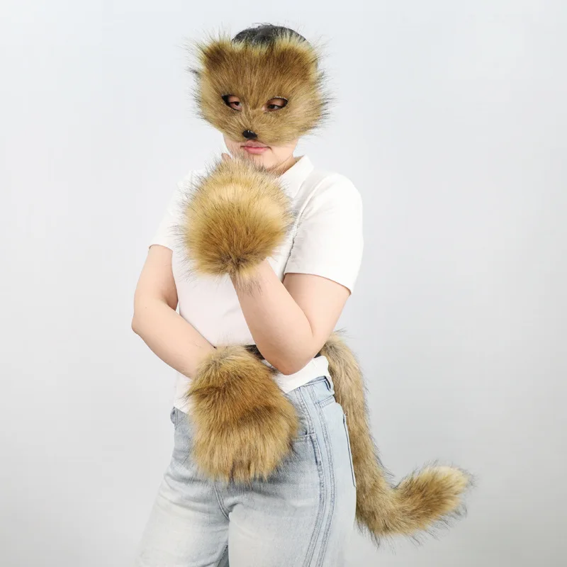 

New Halloween Cosplays Costume Accessories Furry Fox Mask Wolf Fox Tail and Paw Gloves Set Theme Party Dress Up Props Kids Gift