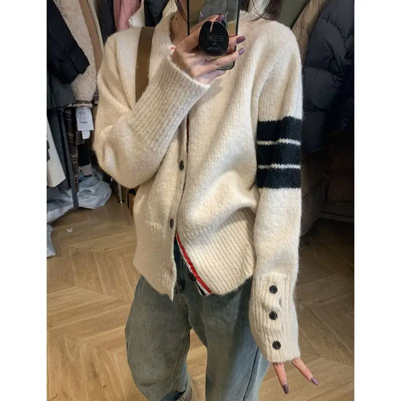 

HOUZHOU Autumn Casual Vintage Knitted Cardigan V Neck Korean Fashion Patchwork Striped Button Up Black Sweater Jumper Aesthetic