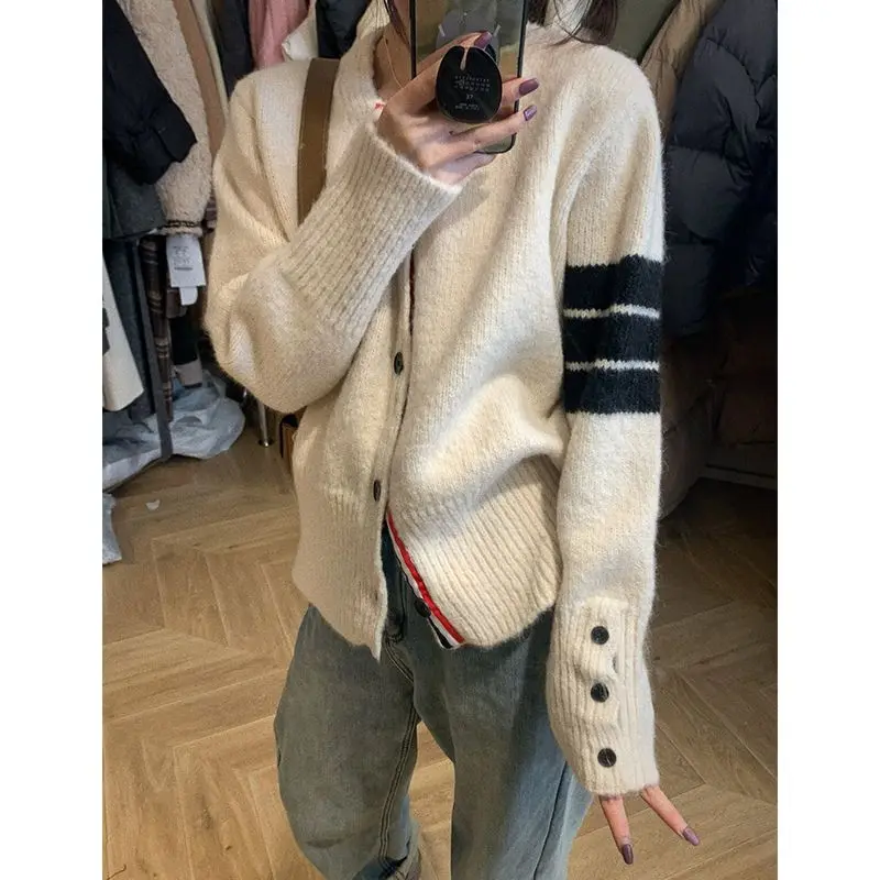 HOUZHOU Autumn Casual Vintage Knitted Cardigan V Neck Korean Fashion Patchwork Striped  Button Up Black Sweater Jumper Aesthetic