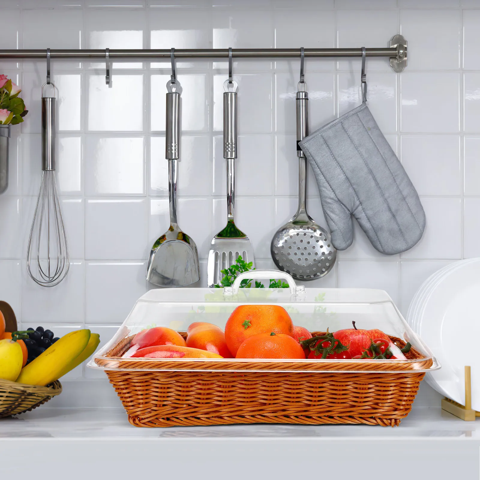 

Simulated Rattan Woven Basket Rustic Look Transparent Cover Bread Vegetable Cookie Drink Snack Storage Display Kitchen