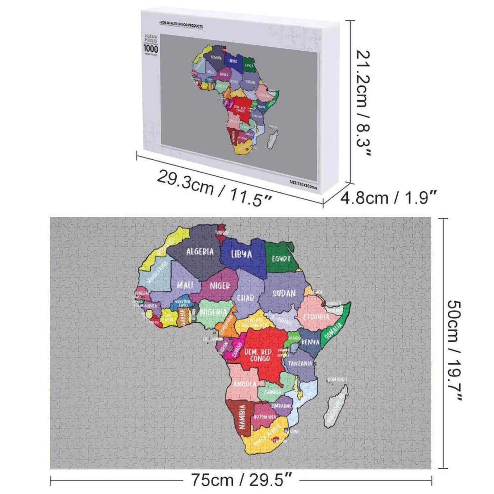 Carte colorée d'Afrique avec noms de pays, puzzle de continent africain coloré, photo personnalisée, puzzle personnalisé