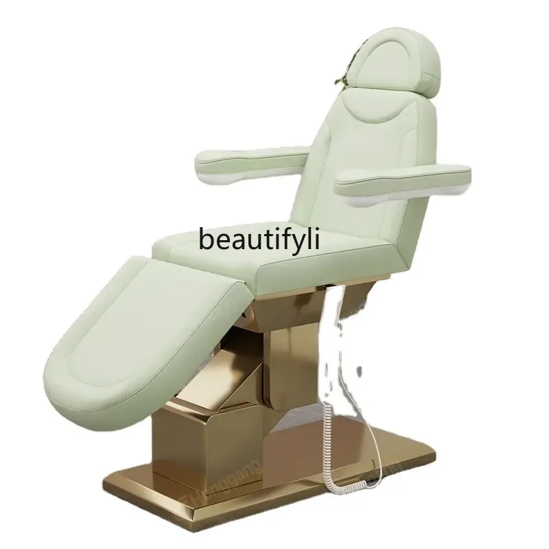 For Beauty Salons Electric Lift Beauty Care Bed Tattoo Couch Golden Base with Armrest Head Hole