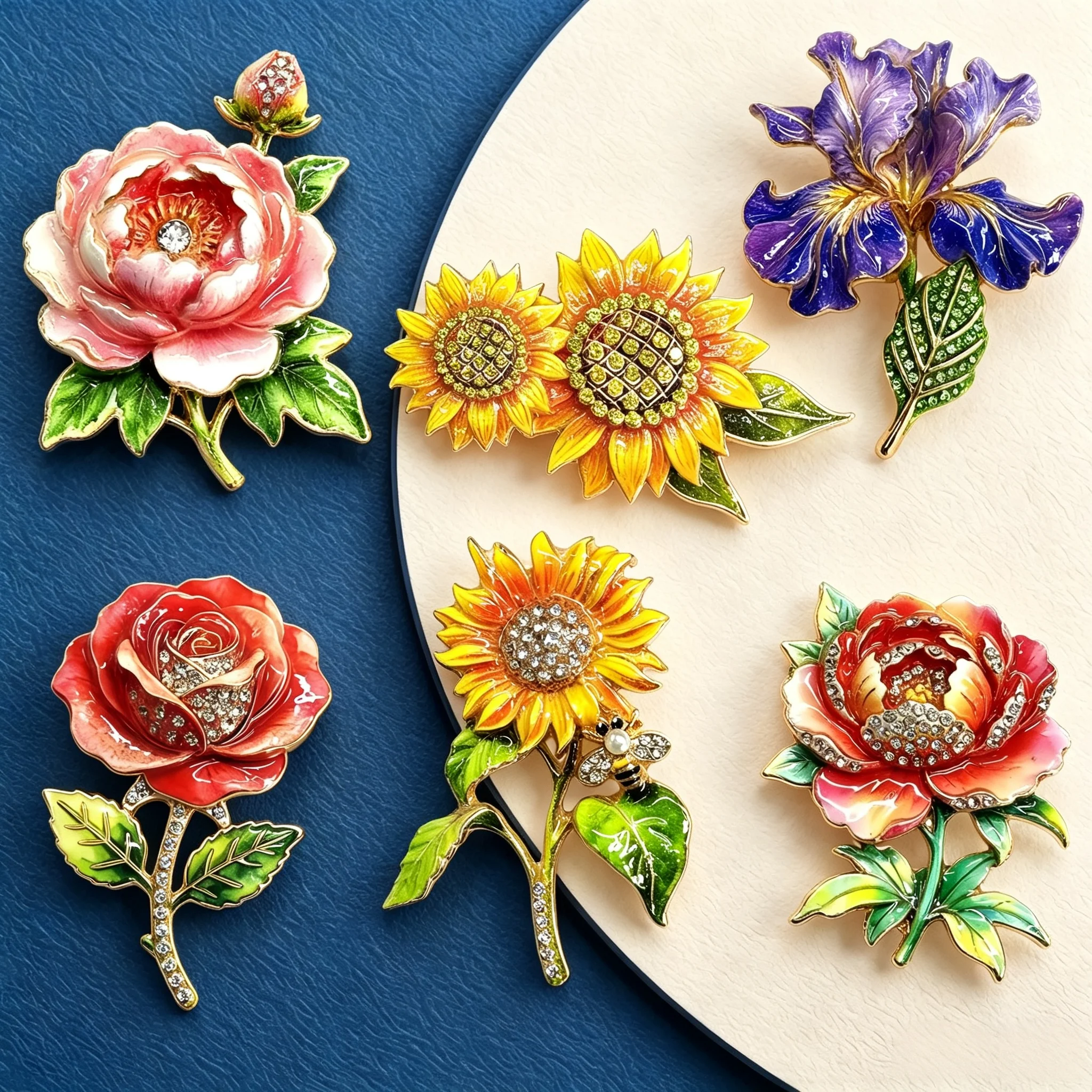 Essh&Pule Vintage Enamel Flower Brooch Sunflower Rose Peony Crystal Rhinestone Lapel Pin Suit Scarf Accessory Women Jewelry Gift