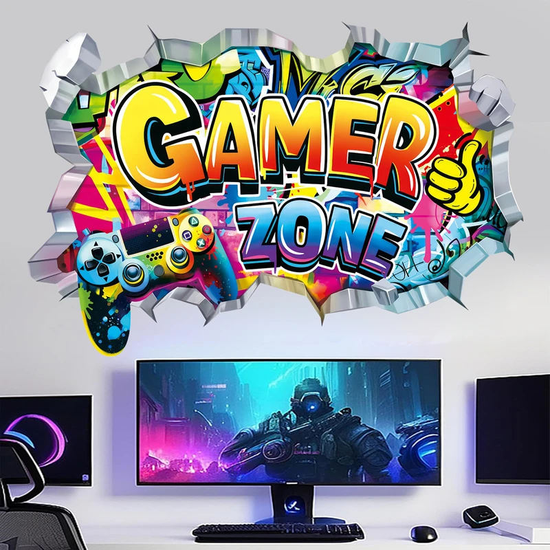 Larger Game Poster 3D Wall Hole Art Cool Gamer Zone Gamepad Vinyl Mural Stickers Home Decoration for Kids Bedroom Gaming Rooms