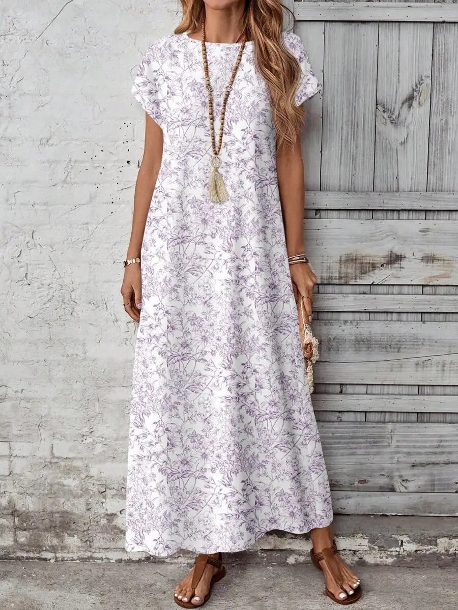 

Casual Floral Print Short Sleeve Bohemian Maxi Dress For Women