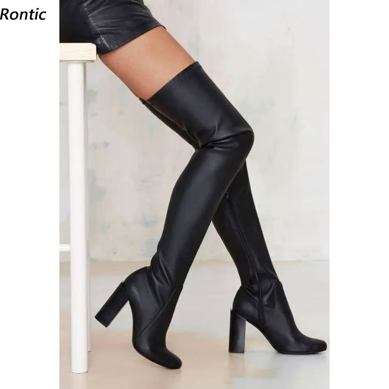 

Rontic/Новое поступление, женские весенние сапоги выше колена, эластичные туфли на массивном каблуке с круглым носком, довольно черные туфли для косплея, размер США 5-20