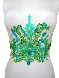 ZBROH hand made  crystals patches green sew on Rhinestones  applique  35*22cm for top dress skirt belt