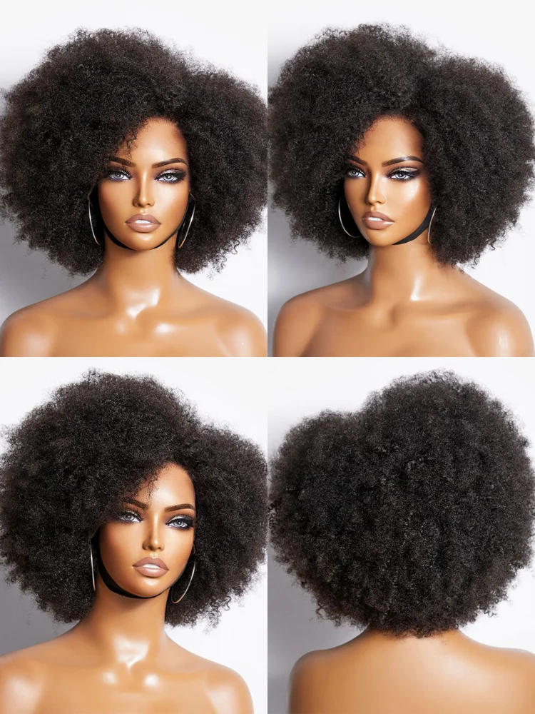 AFRO-Kinky Curly Bob Peruca, Cor Natural, Peruca Glueless, Pronto para Vestir, 250% Densidade, Remy Cabelo Humano, Acessível