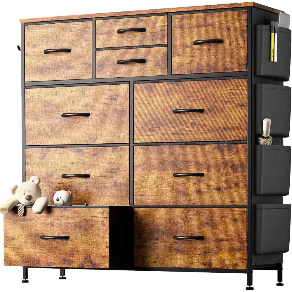 10 Drawer Dresser,Chest of Drawers for Bedroom,Fabric Dresser Drawers with Side Pockets, Hooks,Wooden Top and Sturdy Metal Frame