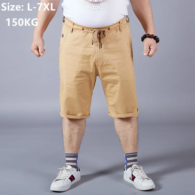 

High Waist Shorts Men Stretched Khaki Black Blue Man Knee Length Plus Size 5XL 6XL 7XL Men's Summer Male Cotton Short Clothes