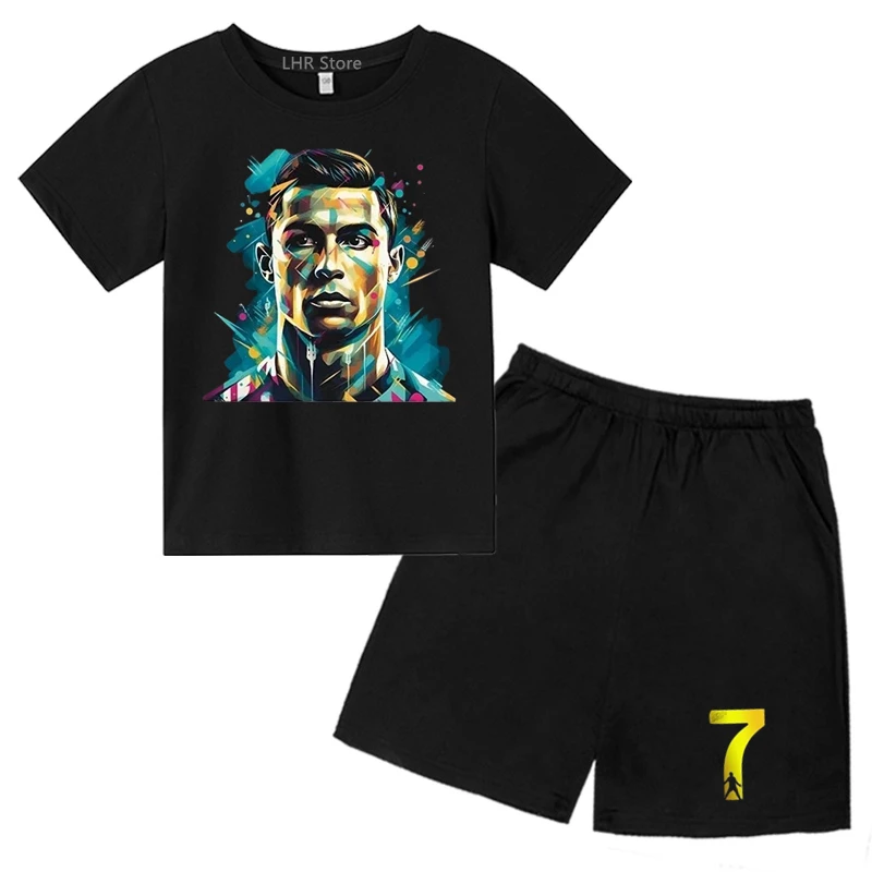 Tops e shorts de manga curta em torno do pescoço para meninos e meninas, adequados para crianças, futebol, estrelas, lazer, verão, 3-12