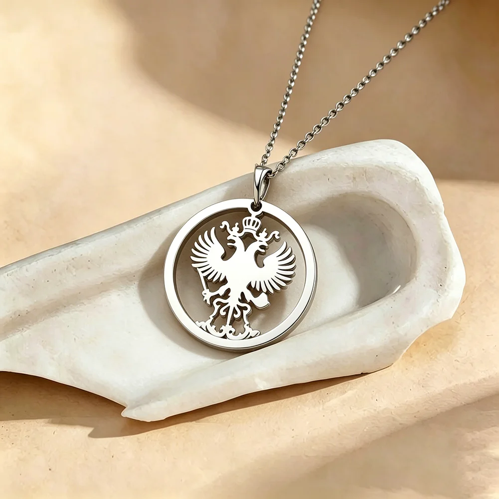 Double Headed Eagle Pendant Necklace for Stainless Steel Coat of Arms Jewelry Hollow Out Round Charm for Men Women Vintage Gifts