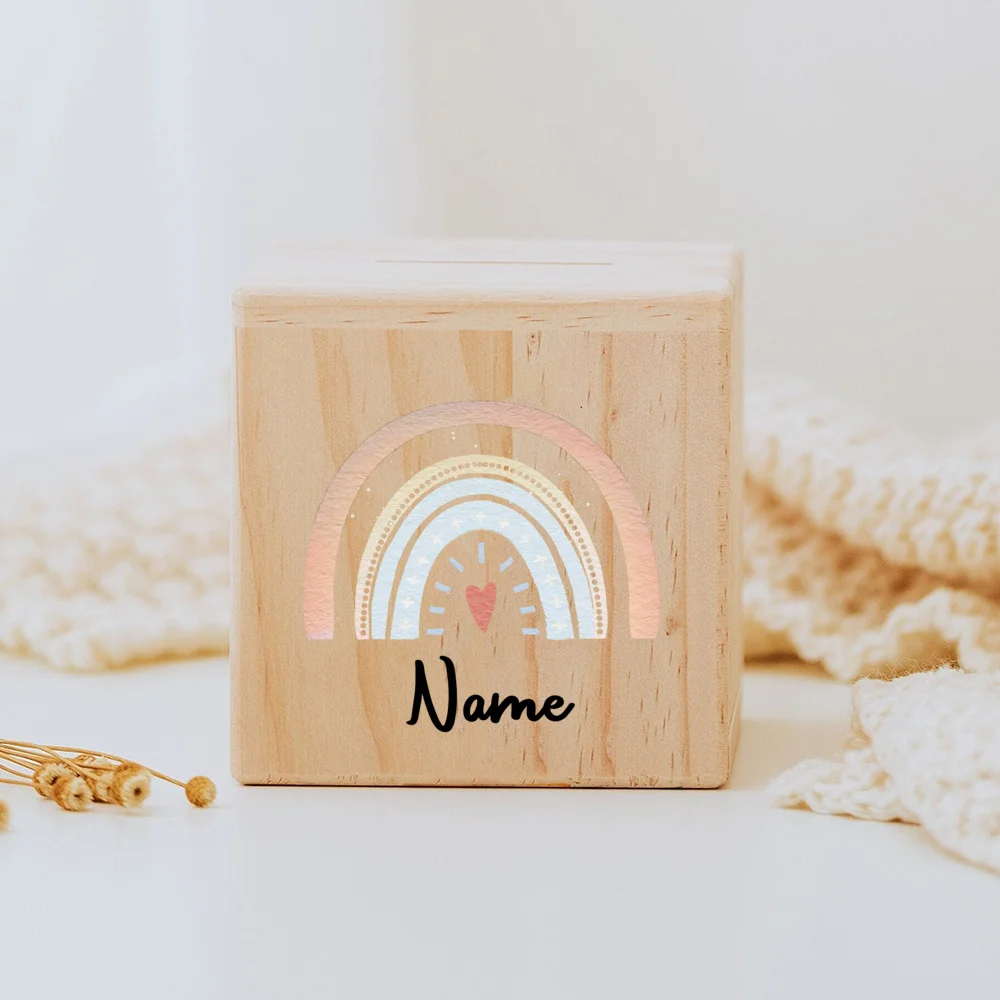 Personalized Rainbow Money Box Baby Birth Gift Children Wooden Money Box with Name Customized Piggy Bank Baptism Gift