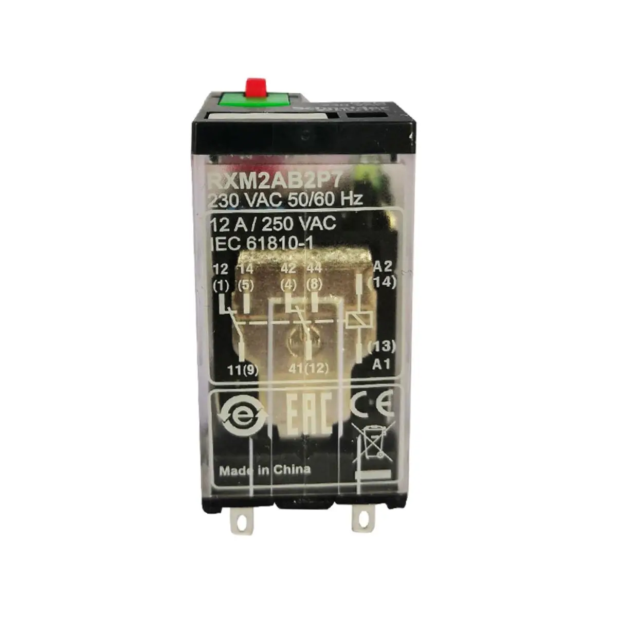 RXM2AB2P7 miniature plug in relay, Harmony Electromechanical Relays, 12A, 2CO, with LED, lockable test but to n, 230V AC