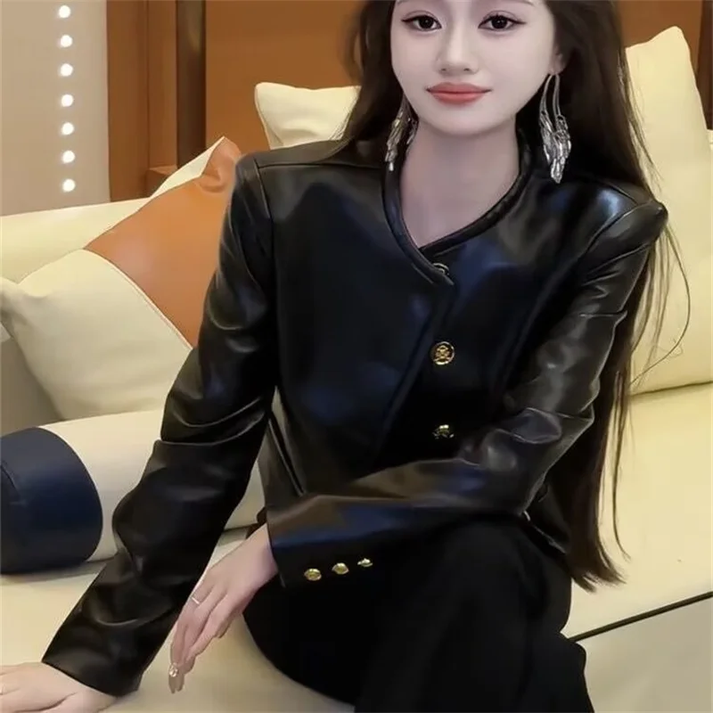 

New Spring and AutumnFashion Temperament Locomotive PU Short Coat Simple Cardigan Round Neck Leather Long Sleeve Coat Woman