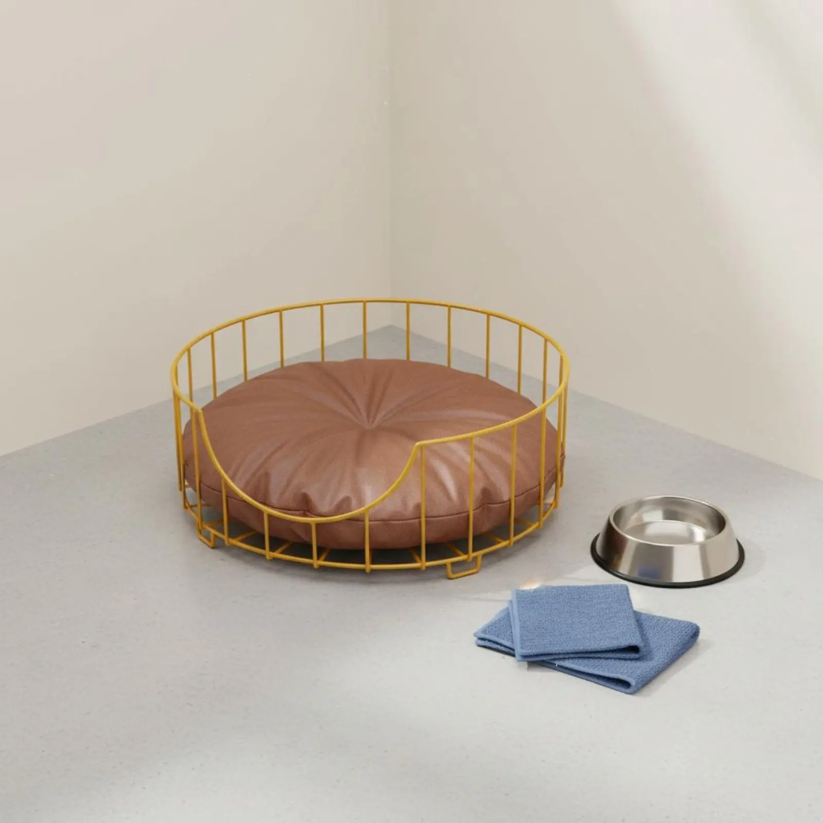 

Cat Basket Bed with Pad Gnaw-Resistant Frame Wrought Iron Dog Lounger Round Metal Pet Basket Non-Stick Hair for Felines, Indoor
