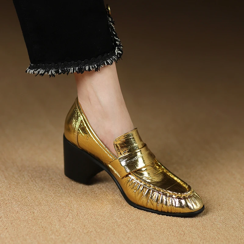 LIHUAMAO cow leather thick heel golden loafers shoes women leather shoes chunky heel pumps slip on footwear retro shoes casual