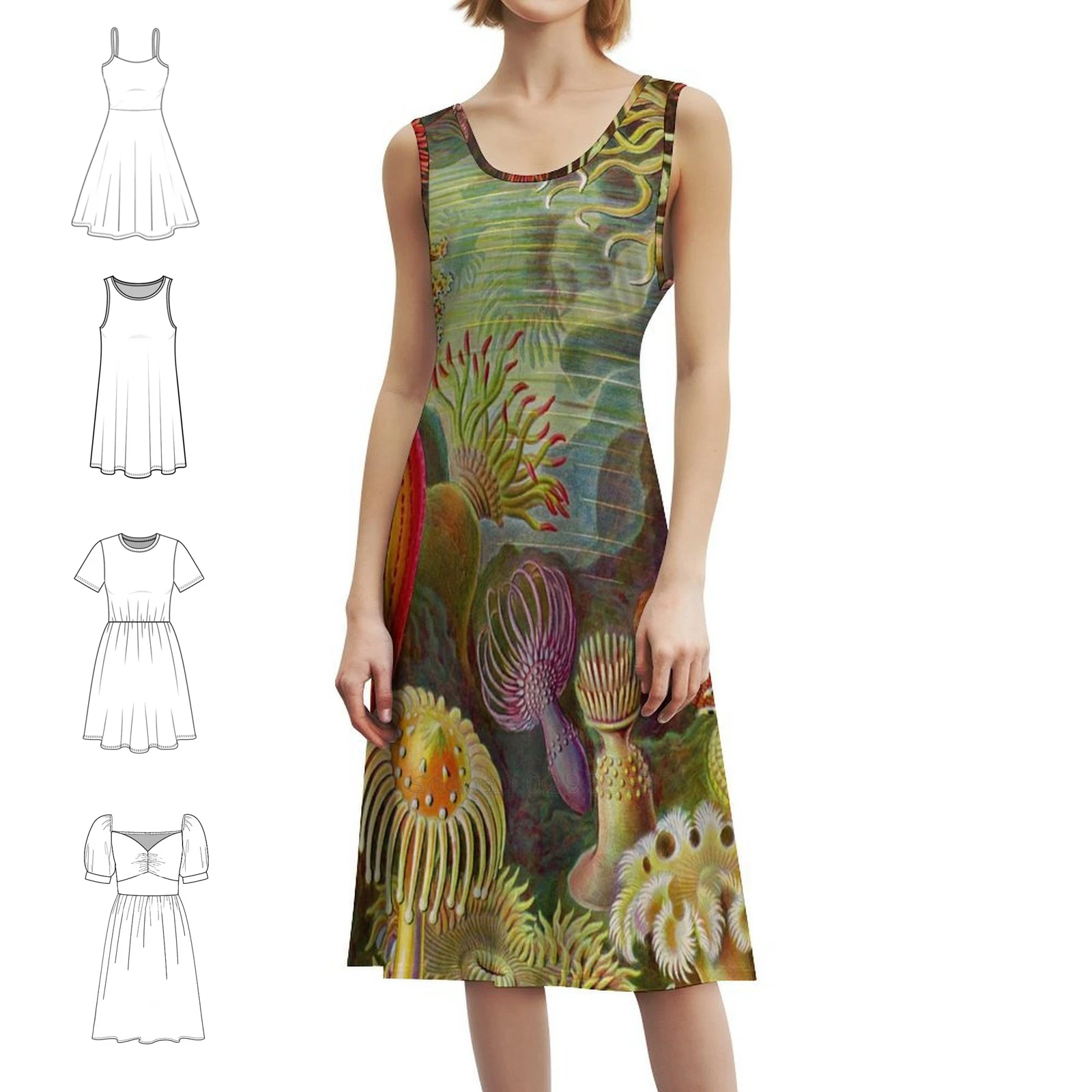 

Винтажное подводное женское элегантное праздничное платье, платье трапециевидной формы с короткими/длинными/опциями без рукавов, анемоны, животные, животные