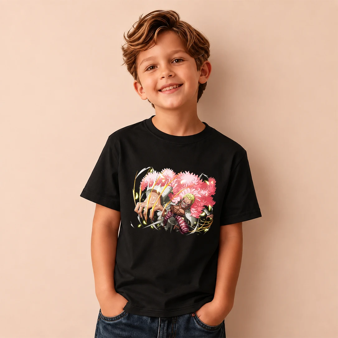Kids T‑Shirt One Piece Donquixote Doflamingo Battle Action Print Short Sleeve Casual Tops Boys Girls Children Daily Tees