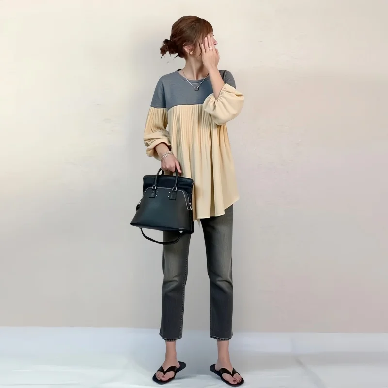 Loose T-Shirt Women's Long Sleeve Patchwork Bell Sleeve Elastic Waist Cross-Border 2025 New Style Casual Cotton Top