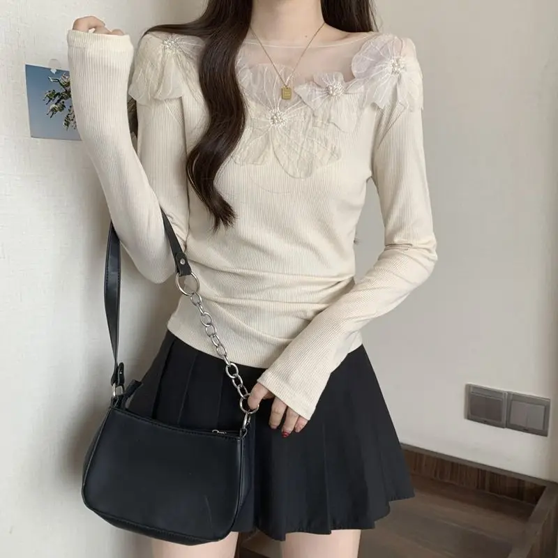 Black Slim 3D Floral Print Long-Sleeve T-Shirt Women Tops Y2K  Aesthetic Clothes Design Trends Short Tops T Shirts Kawaii Shirts
