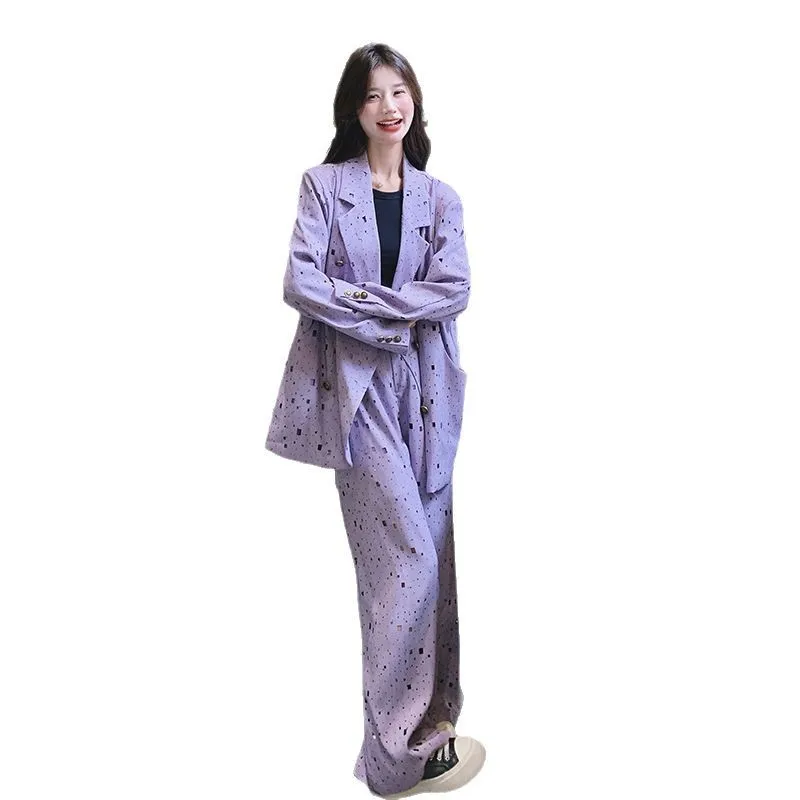 Korean Style Casual Two Piece Set Autumn New Female Business Printing Loose Jacket+Fashion Vintage Wide Leg Trousers