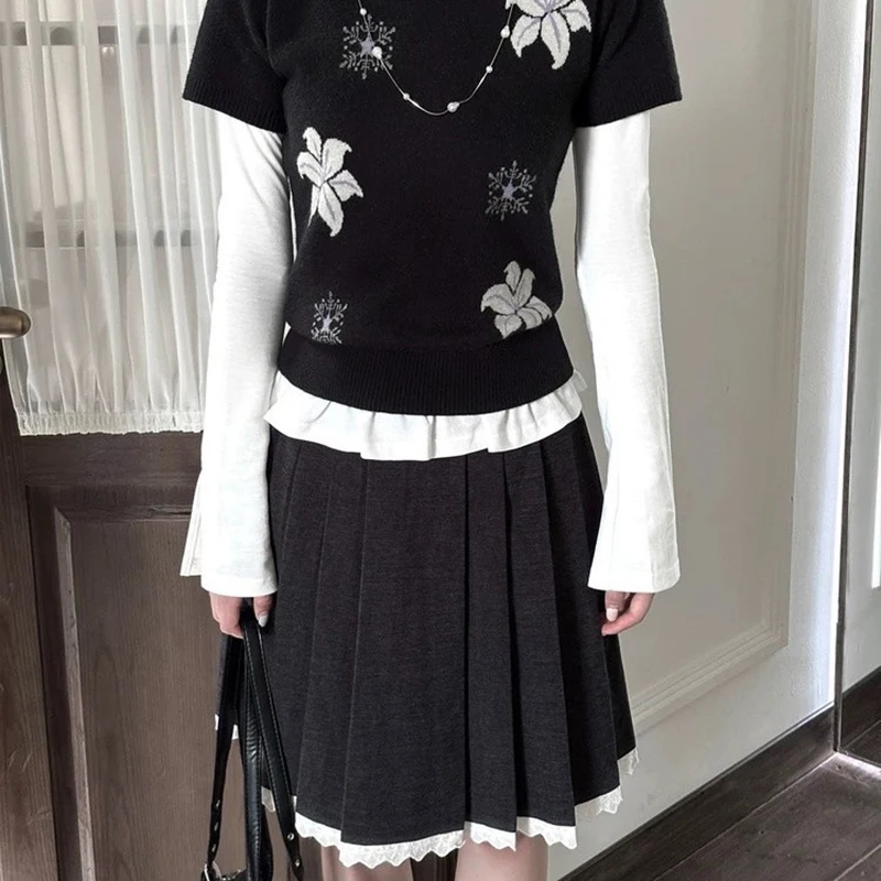 Sweter damski MEXZT w stylu vintage z nadrukiem, japoński Harajuku, czarne dzianinowe pulowery, dzianiny z krótkim rękawem Y2K, zimowe swetry, nowy model