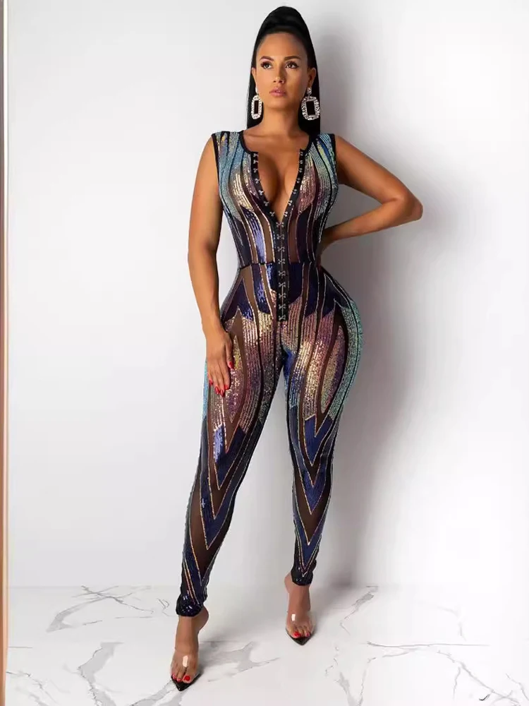 

Sexy Women's Hollowed Out Sequins Transparent Black Summer Fashion Jumpsuit Women's Elegant Nightclub Tight Jumpsuit Clubwear