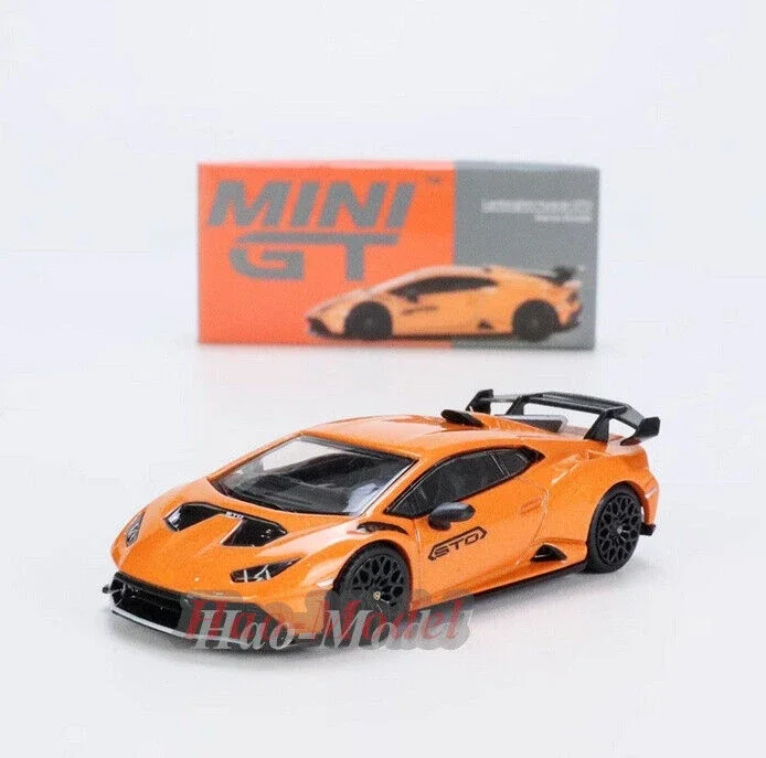 TSM MINIGT 1/64 Mobil Model Alloy Lamborghini huracan STO, mainan simulasi Diecast hadiah ulang tahun, koleksi tampilan hobi warna oranye