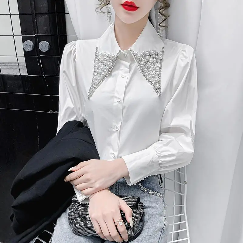 Women Embroidered Flares Beads Chic Luxury Design Elegant Blouses Fashion White Office Lady Business Casual Puff Sleeve Shirts