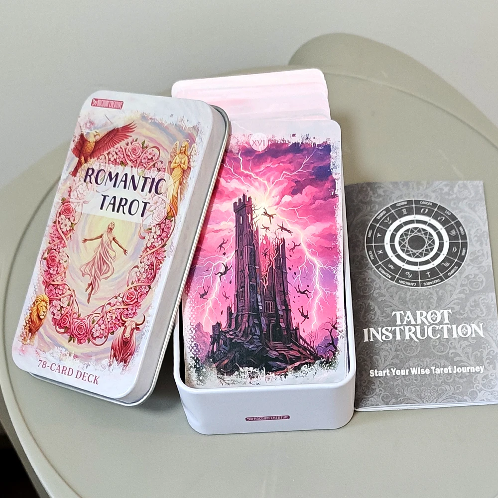 Pink Romantic Fantasy Tarot Deck in Tin Box 11*6.2cm, 78-Card Full Deck with Instruction Book, Spiritual Divination Oracle