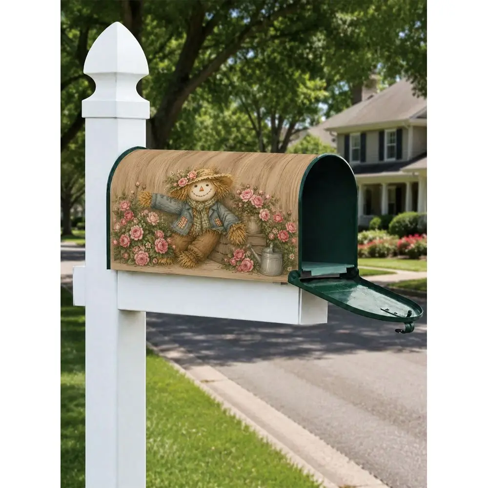 Rustic Cottagecore Scarecrow And Pink Rose Pattern Mailbox Cover For Spring Garden Decor Farmhouse Outdoor Mailbox Accessory Ro