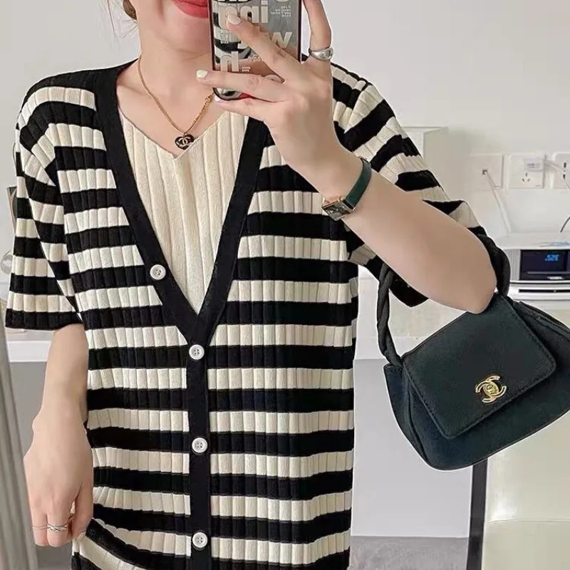 

Summer Women's 2024 Pullover V-neck Spliced Button Stripe Knitted Ice Silk Over Knee Fashion Casual Elegant Short Sleeved Dress