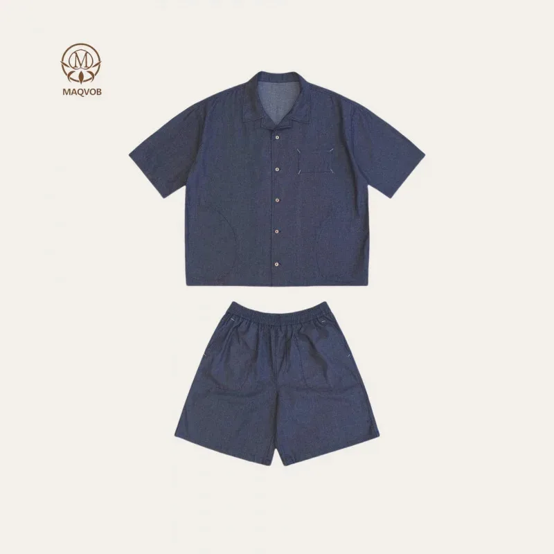 

HELLOMARCEL Top Quality Luxury Apparel EU US Size Summer New Cuban Collar Slim Denim Short Sleeve Shirt And Shorts Set