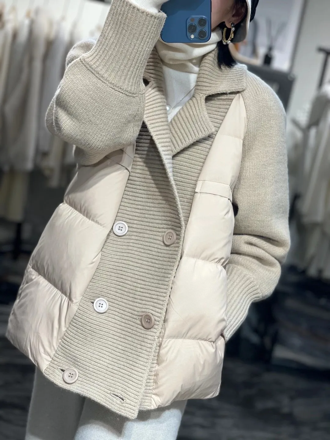 

Knitwear Patchwork Women's Down Jackets Lapel Double Breasted Fashion Overcoat 2022 New Autumn Winter Female Parkas Outerwear