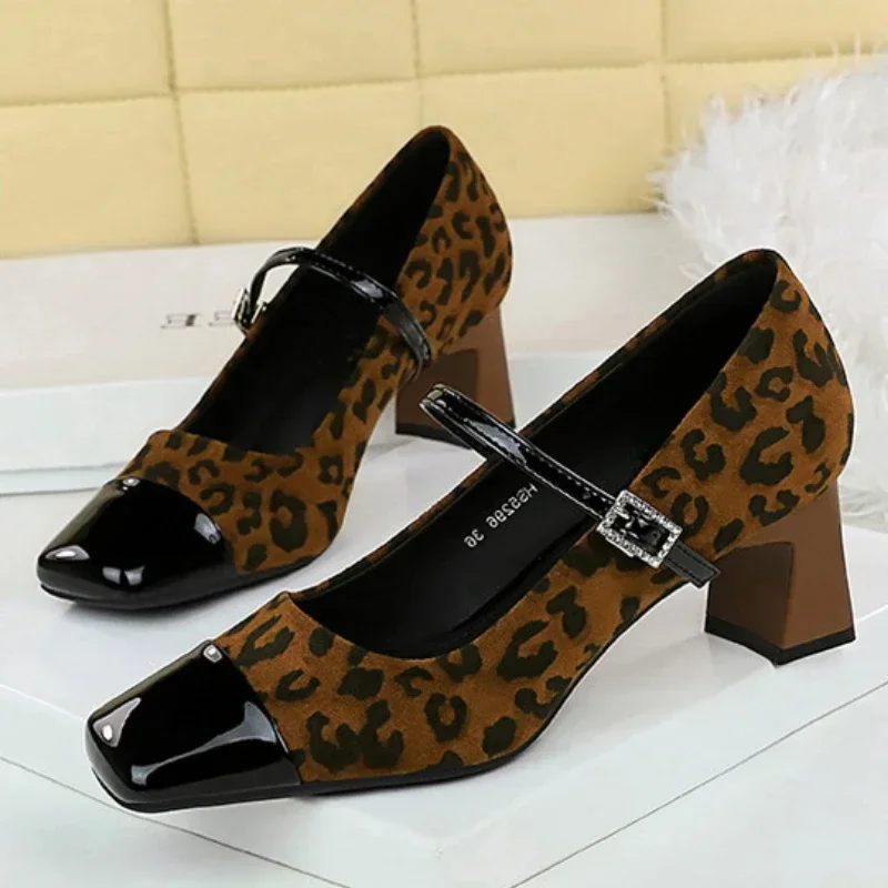 BIGTREE Shoe Leopard Spring High -heeled Shoes Female 2025 Dwarf Retro Dress Shoes New Fashionable Square Toe Shallow Mouthpiece