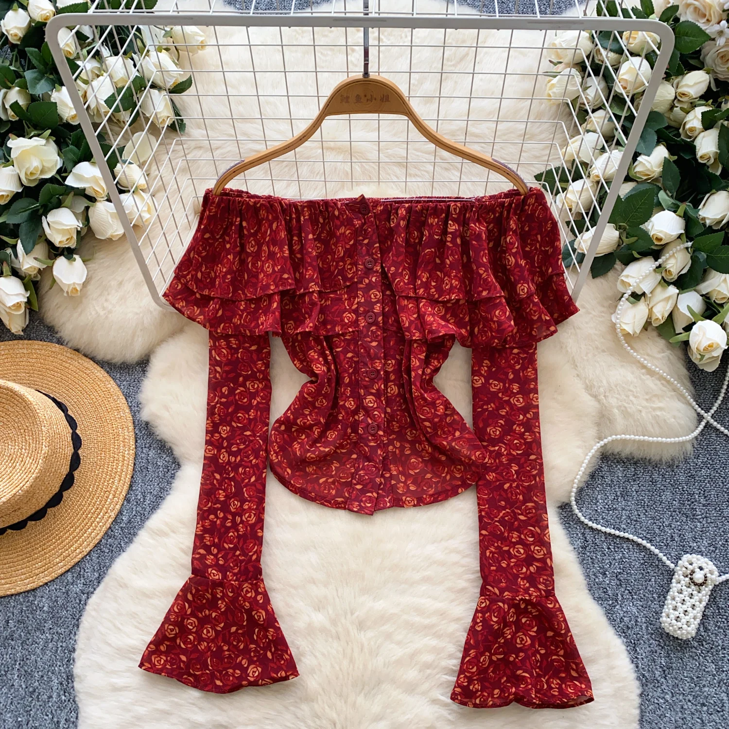 Y2k Goth Spice Girl chic ruffle button print pleated long sleeve T-shirt Women Shirt Female Slim Tops women clothing