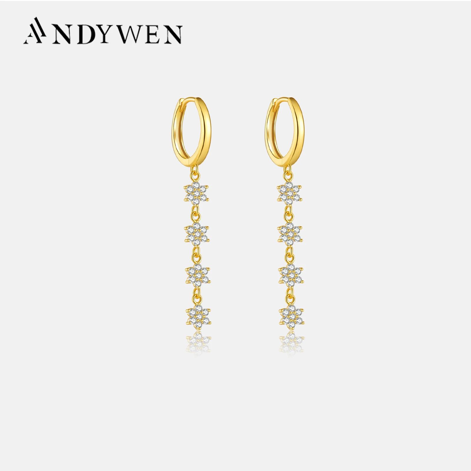 ANDYWEN 925 Sterling Silver Flower Six Zircon Drop Earring 8.5mm Women Fashion Luxury Jewelry Wedding Crystal Jewels Rock Punk