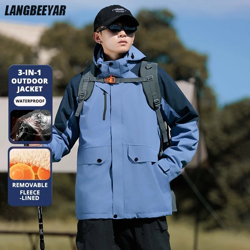 

High End Thick 3-in-1 Interchange Jacket Fleece-lined Outdoor Coats Men Hooded Sports Parka Heavy Windbreaker Casual Outerwear