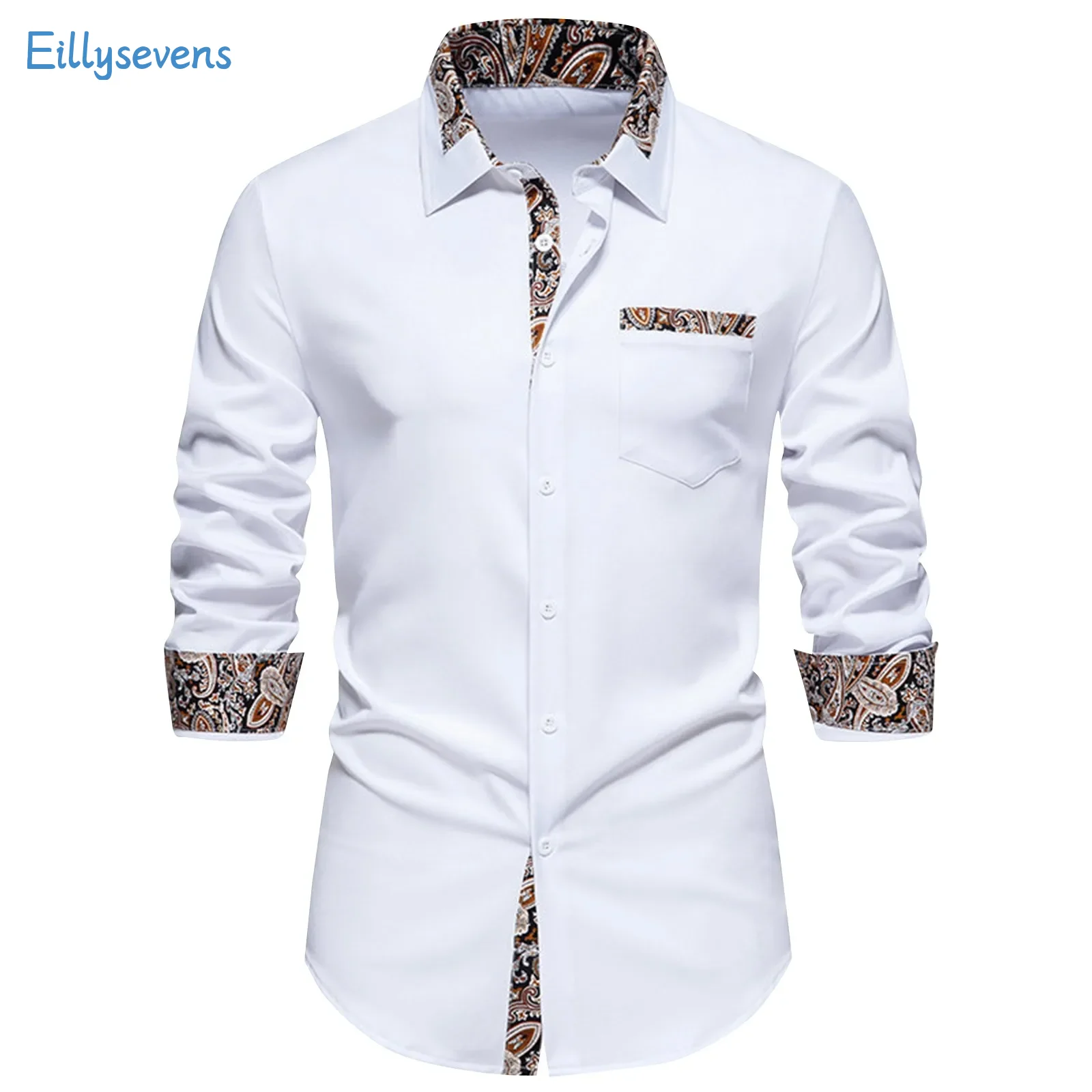 

Men'S Patchwork Shirts Fashion Printed Color Block Slim Fit T-Shirt Casual Long Sleeved Lapel Shirts Spring Autumn Daily Style