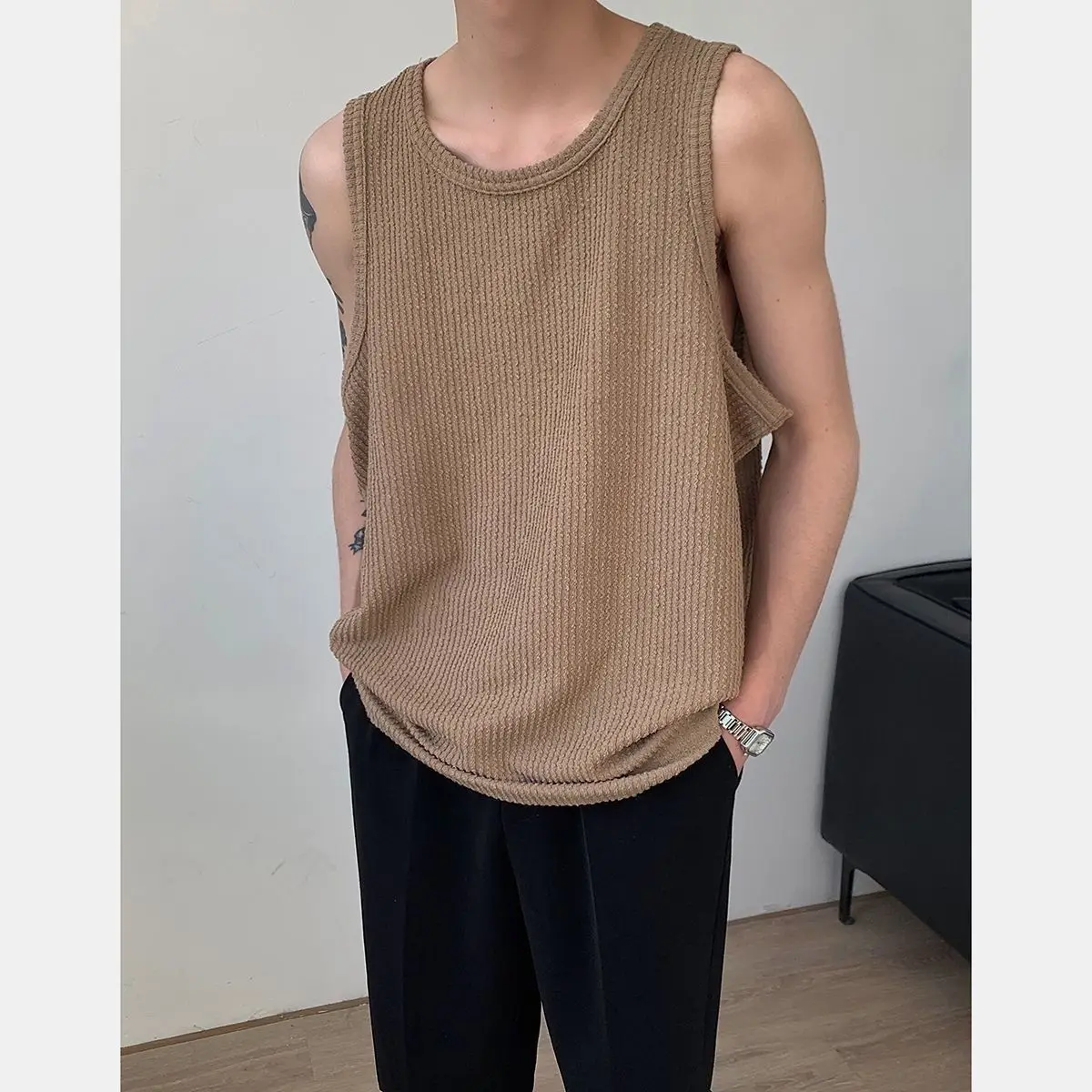 

Summer New Lazy Style Sleeveless Gym Tank Top Men T-shirt Casual Loose Knitted Vest Men Solid Color Top Inner Wear Tank Tops