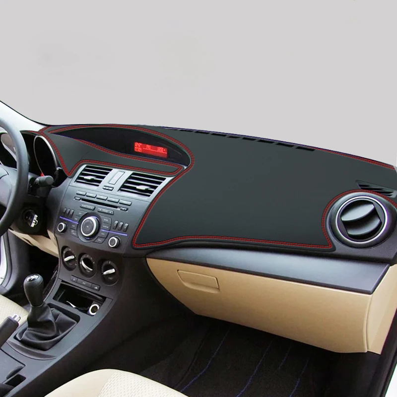 Car Dashboard Cover Dash Protector Mat Fit for Mazda 3 2010 2011 2012 2013 Left Hand Drive Black With Red Line PU Leather