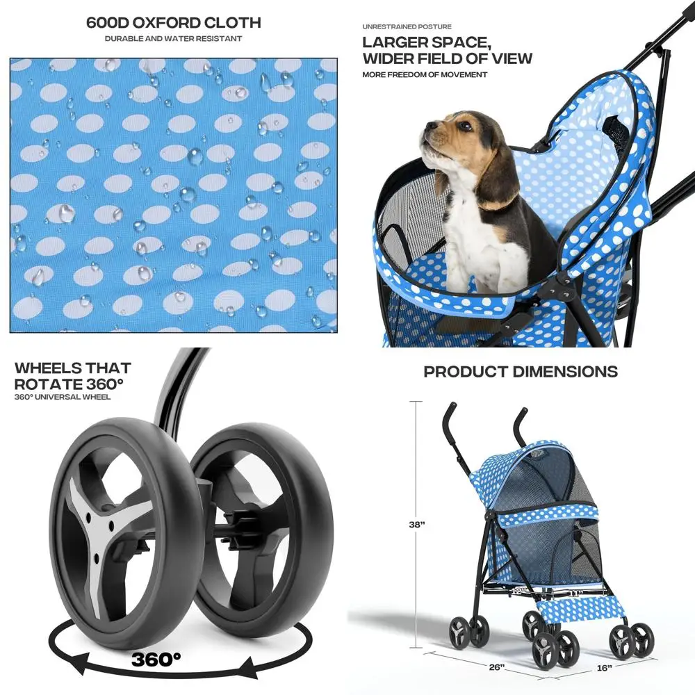 

Medium Blue Polka Dot Dog Stroller for Small Pets up to 22lbs, with Rear Storage for Cats or 2 Cats
