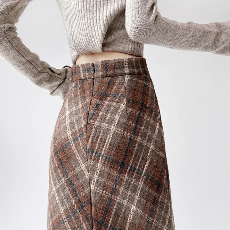 Autumn Winter Vintage Plaid Mid Length Skirt Women Back Split High Waist Skirts Woman Preppy Style Wrap Hip A Line Skirts Female