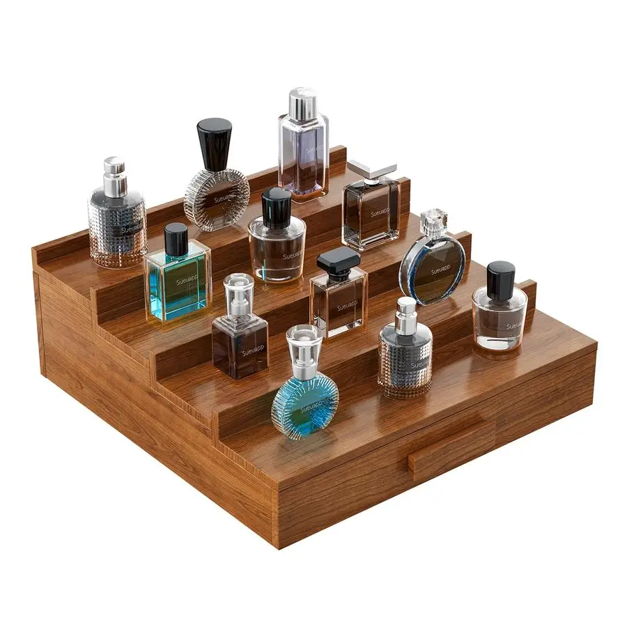 

Органайзер для мужчин, 4-х уровневая подставка для одеколона из орехового дерева, держатель для полки для одеколона со скрытым хранилищем и ящиком, подставка для духов Org