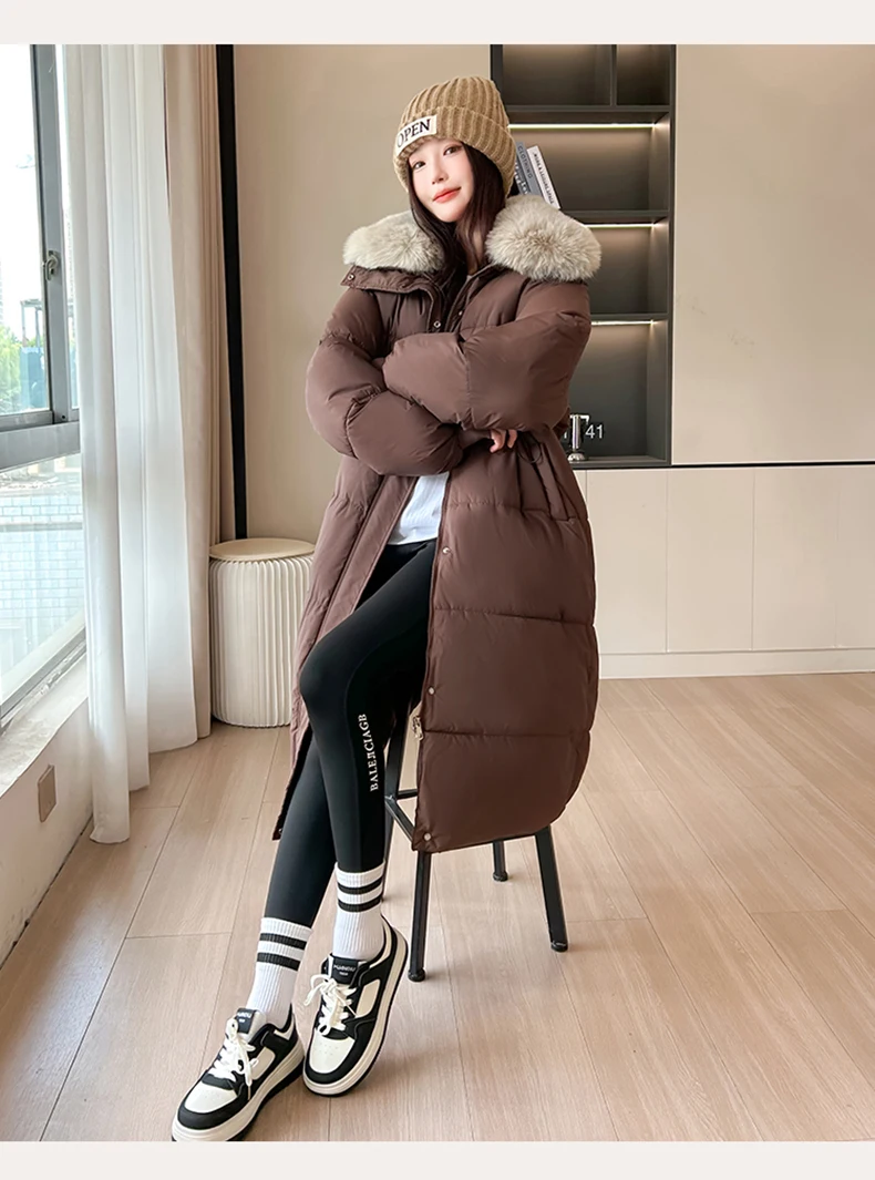 الشتاء المرأة سميكة سترة منفوخة مزيج القطن معطف مع كبير فو الفراء طوق Cinched الخصر التخسيس طول الركبة 2025 #4