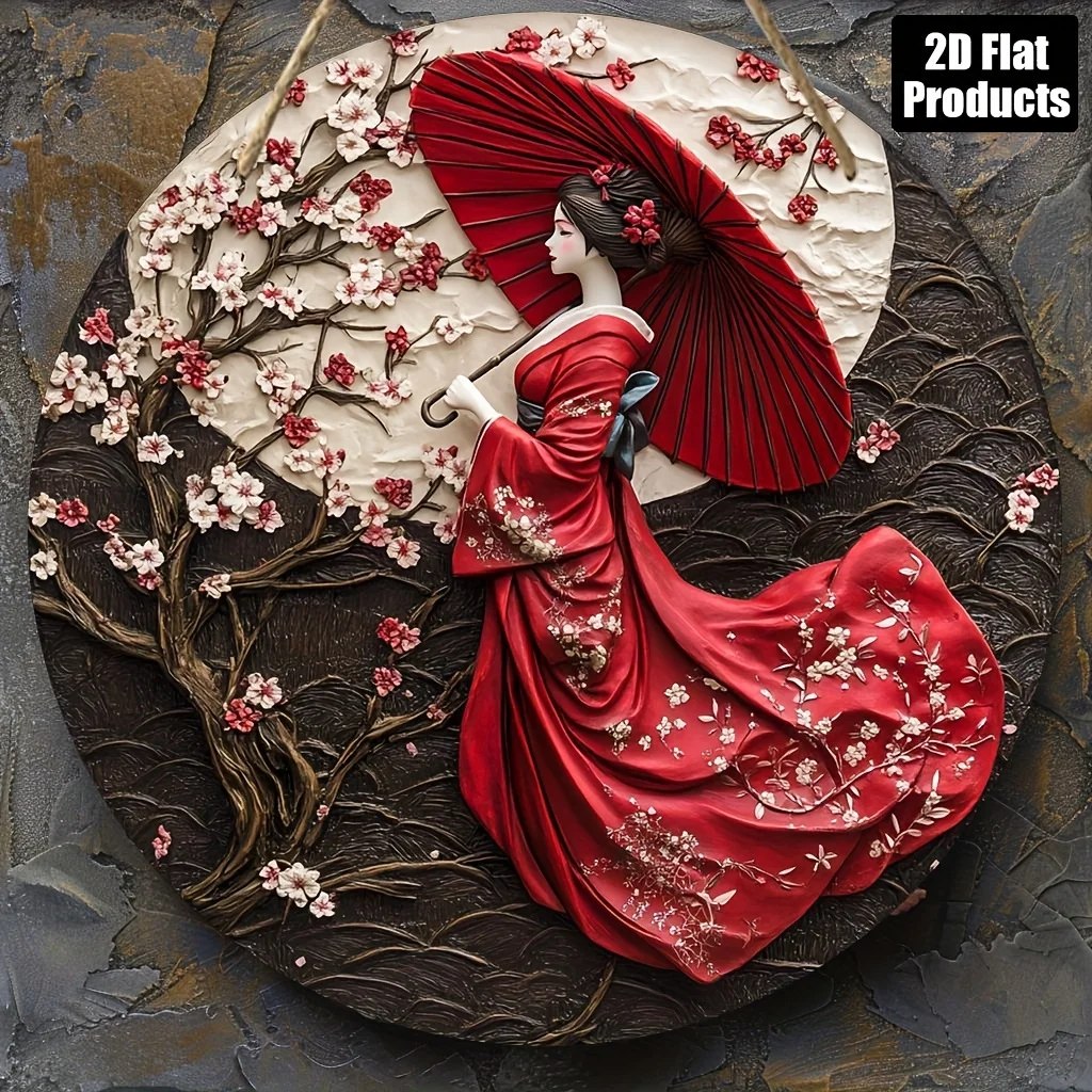 2D Flat, 1pc, Round Wooden Board Decorative Painting Sign, Kimono Woman Theme, Suitable for Bar Kitchen Coffee Shop Home Room Li